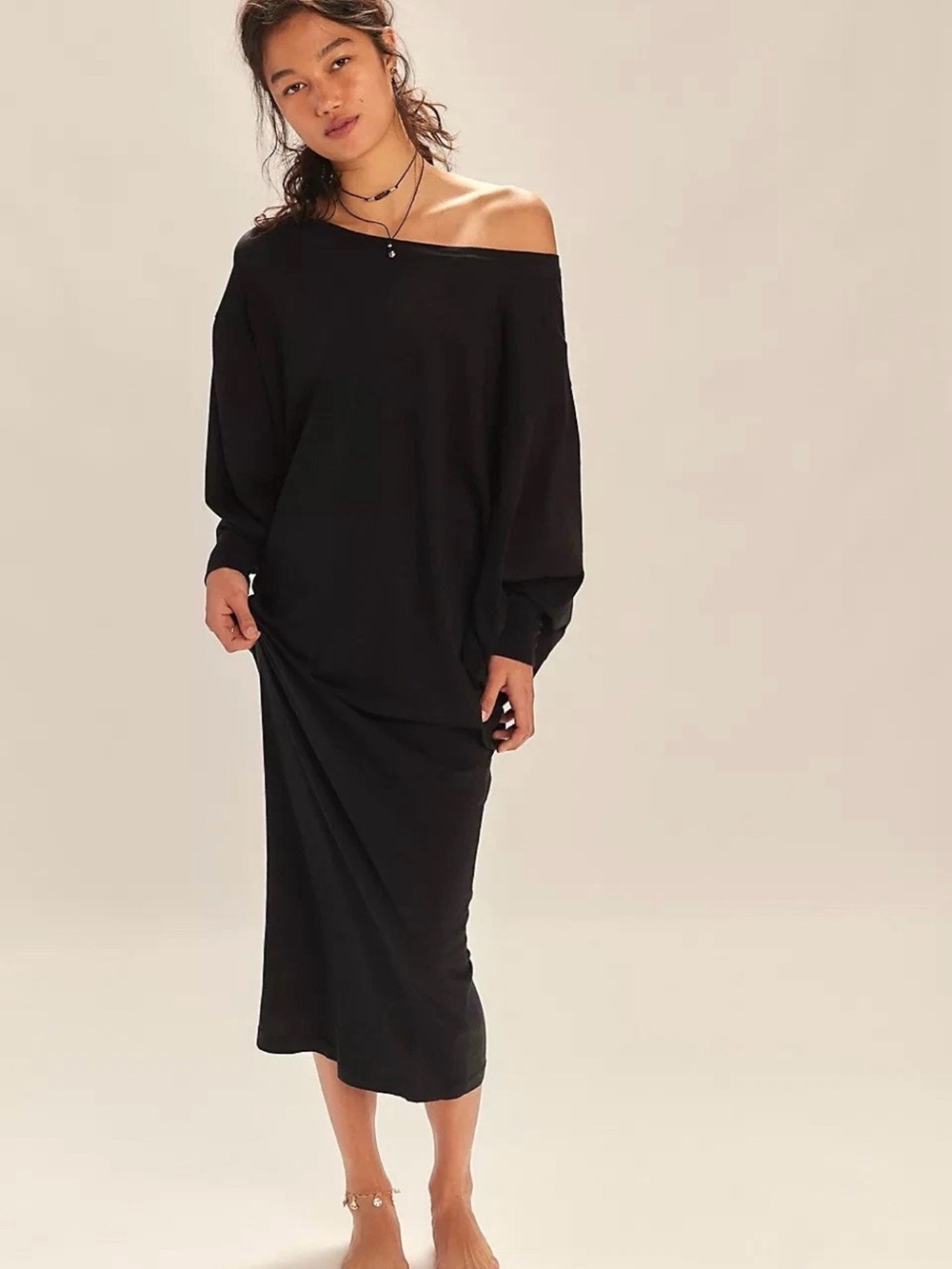 Black Off-Shoulder Long Sleeve Midi Dress - free people beach lifestyle maxi